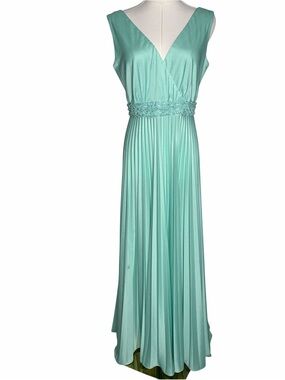 Vintage 70s Blue Green V Neck Maxi Dress Cute Formal Glam